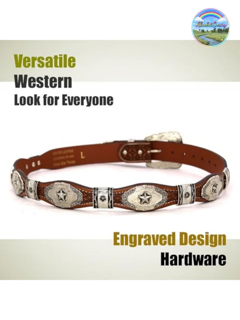 Genuine Leather Western Concho Belt with Star Buckle Rodeo Cowboy